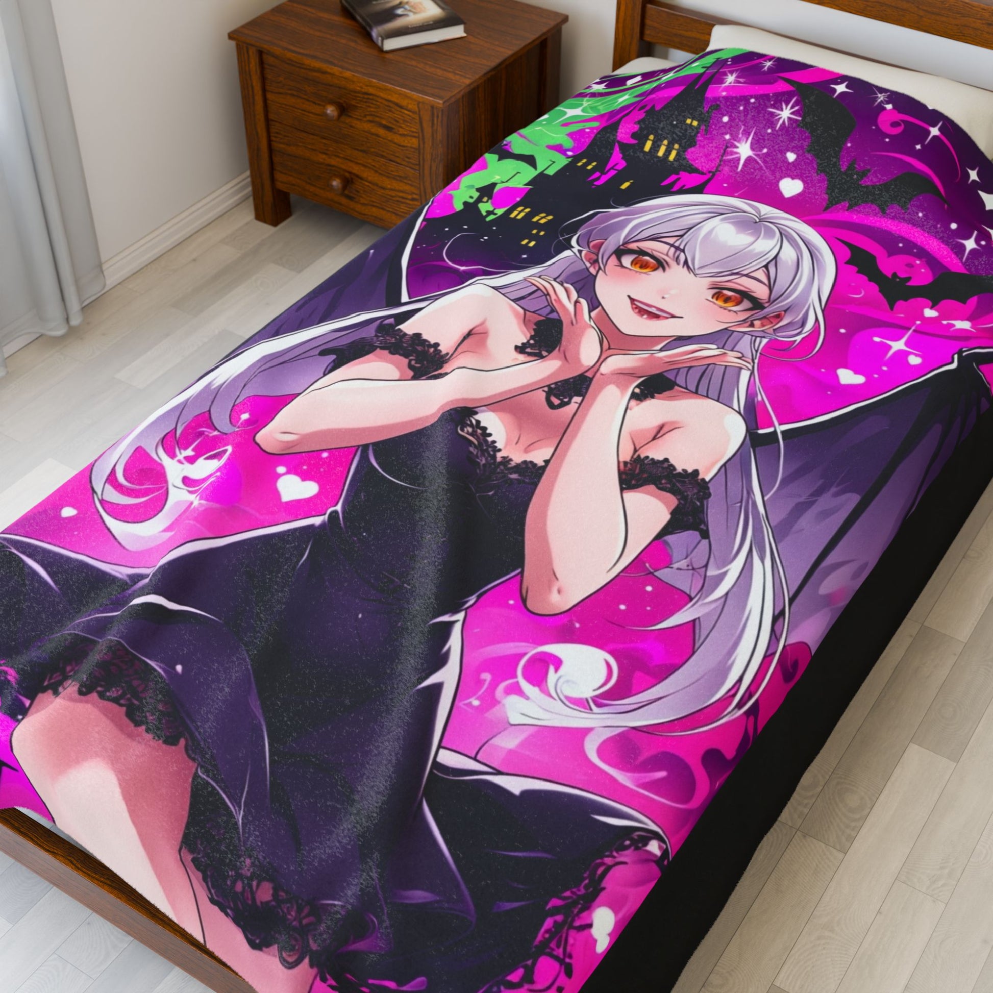 Vampire Crimson Gothic Anime Velveteen Plush Blanket | Cozy Throw for Halloween, Gift for Anime Fans, Bedroom Decor, Soft Blanket for Kids