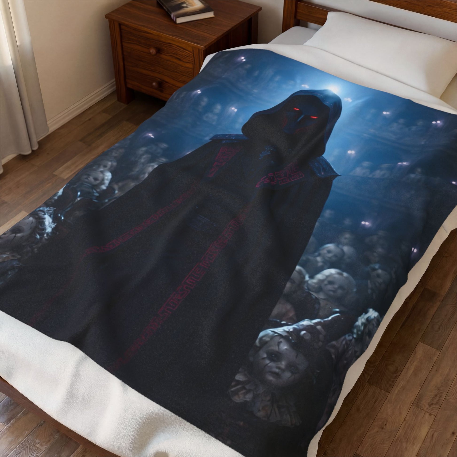 Gothic Hooded Puppeteer Official Haunted Music Box Velveteen Plush Blanket — Dark Haunted Theatre Design