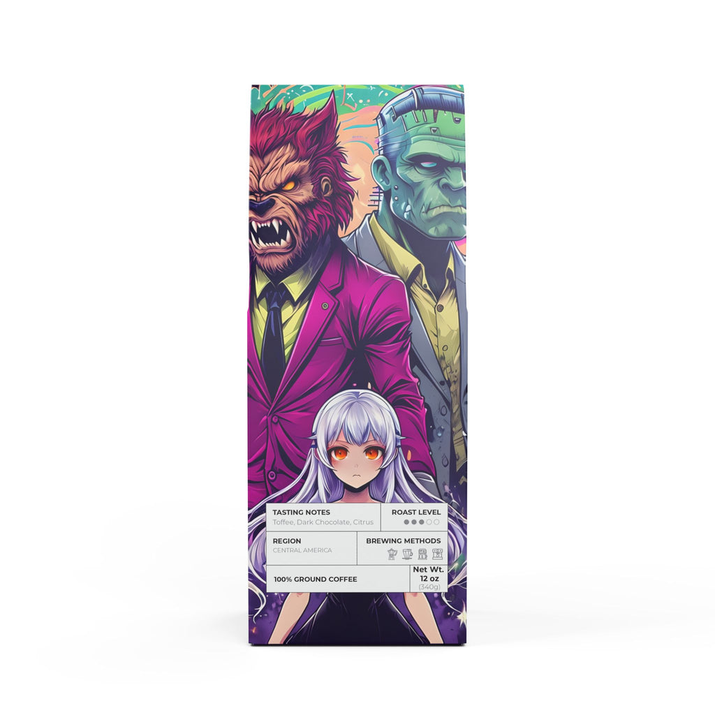 Vampyro Crimson Full Moon Voltage (Medium Roast) Coffee Blend. Warning: Drinking this blend may cause intense loyalty, howling at coworkers, spontaneous transformations and fighting over appliances.