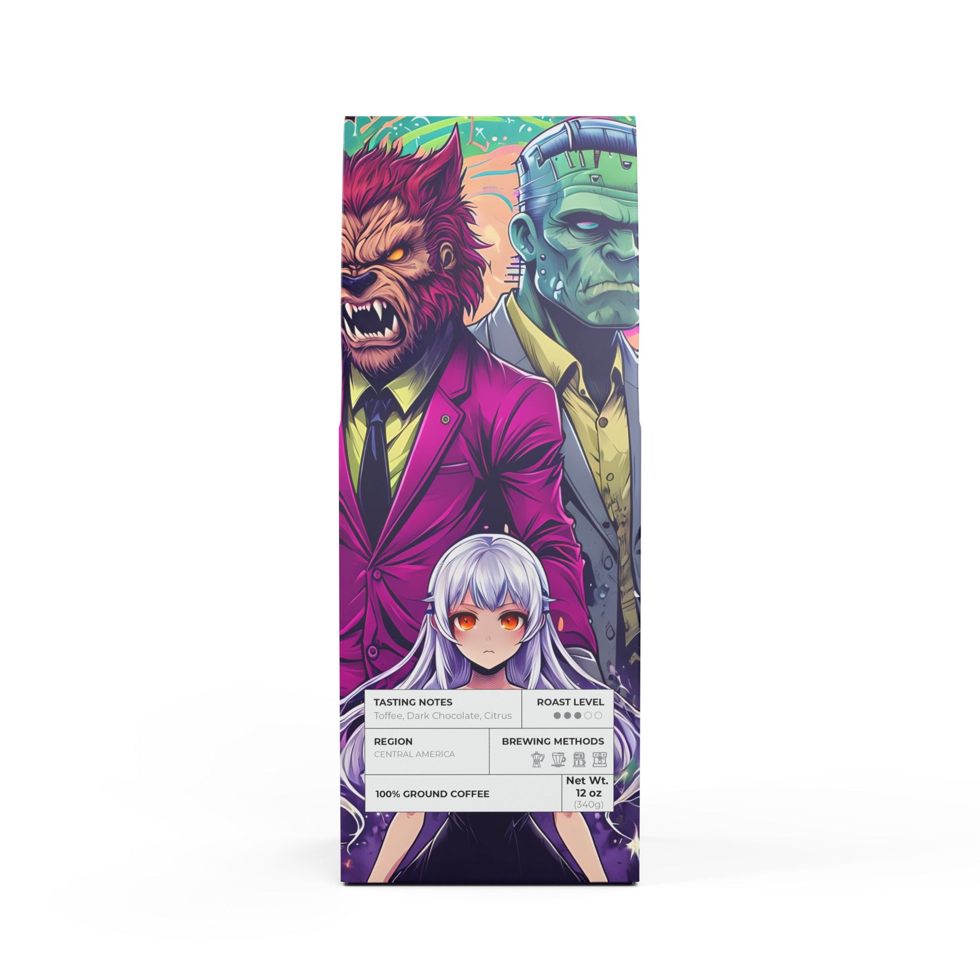 Vampyro Crimson Full Moon Voltage (Medium Roast) Coffee Blend. Warning: Drinking this blend may cause intense loyalty, howling at coworkers, spontaneous transformations and fighting over appliances.
