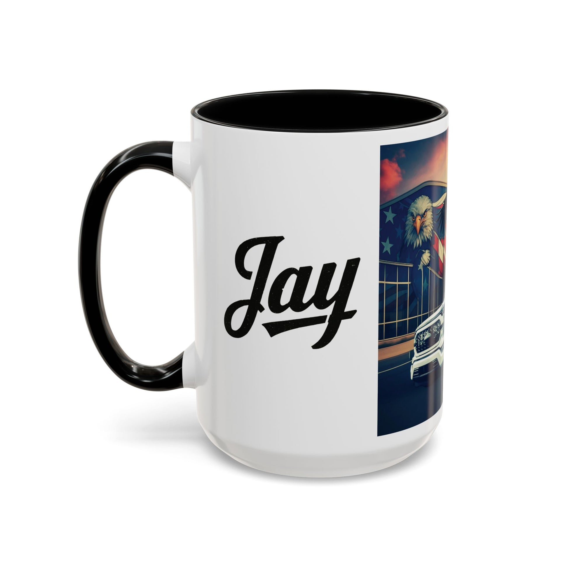 Patriotic Eagle & Jay’s Truck Accent Coffee Mug — American Flag Pride (11/15oz)