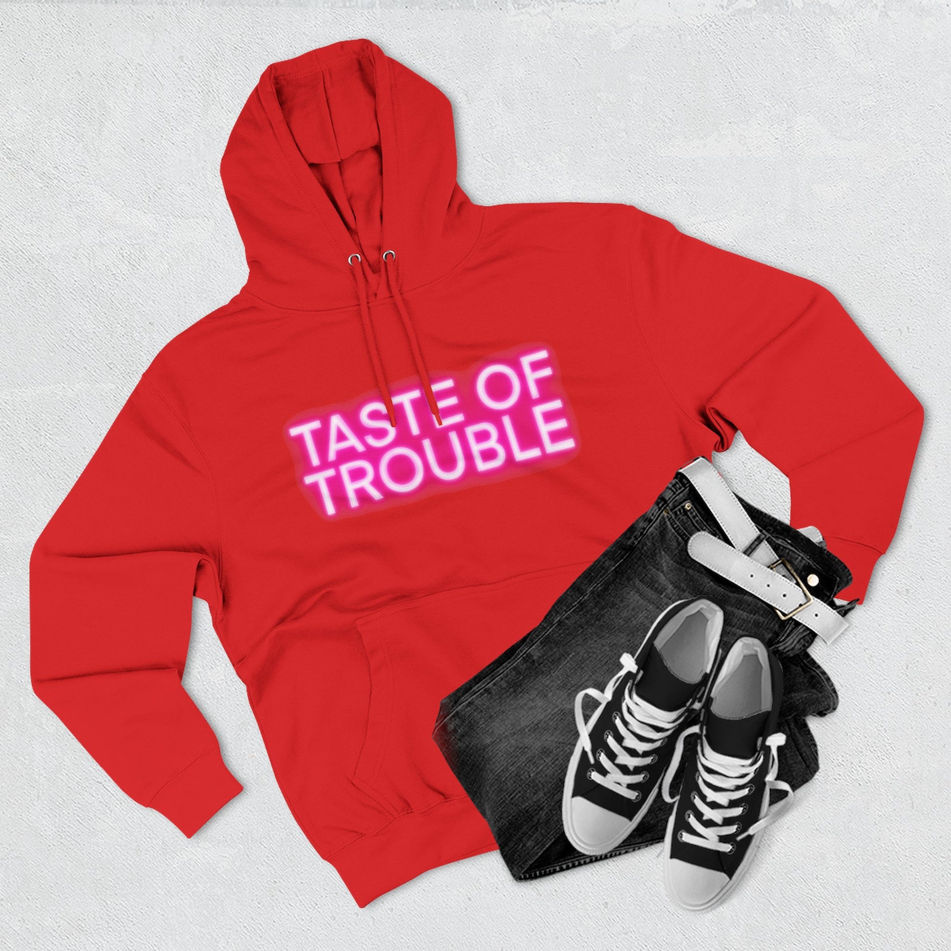 Taste of Trouble Hoodie - Trendy Three-Panel Fleece Pullover, Stylish Gift for Fashion Lovers, Cozy Casual Wear