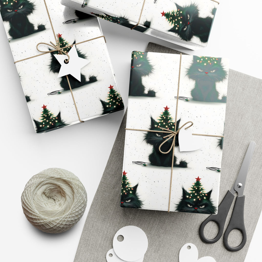 Vampyro Crimson Gift Wrap Paper — Christmas Black Cat with Tree Pattern | Holiday Wrapping Sheets