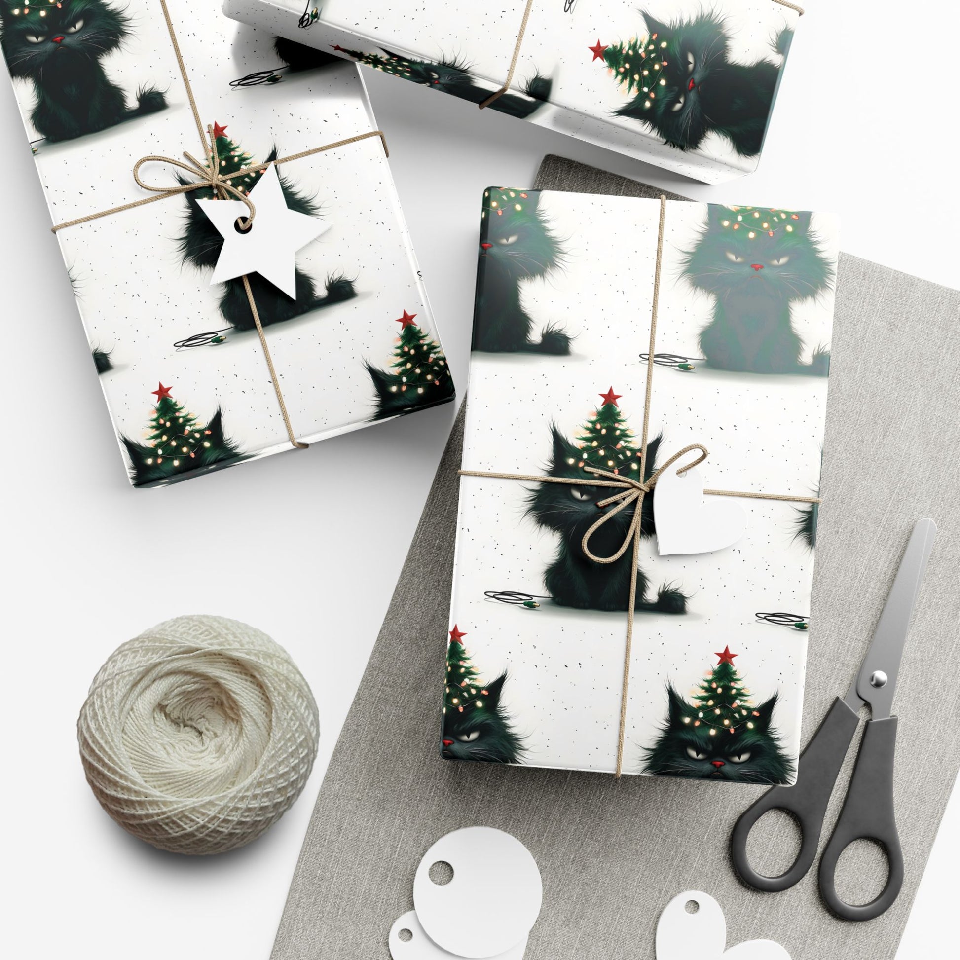 Vampyro Crimson Gift Wrap Paper — Christmas Black Cat with Tree Pattern | Holiday Wrapping Sheets