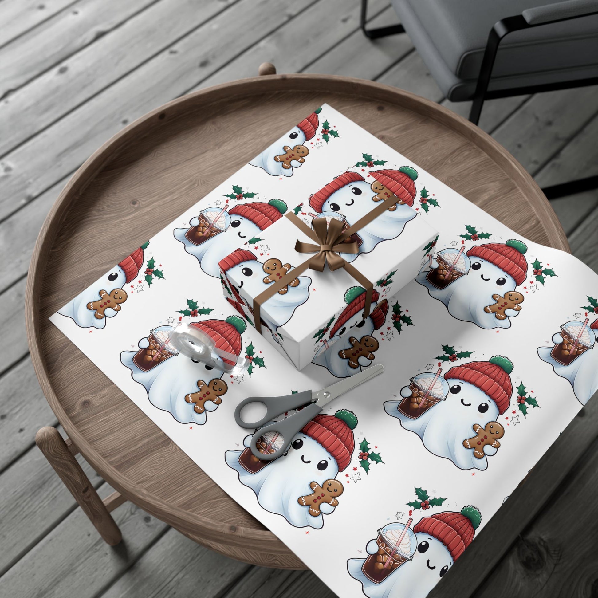 Vampyro Crimson Cute Christmas Ghost Gift Wrap Paper — Holiday Gingerbread & Cocoa Pattern