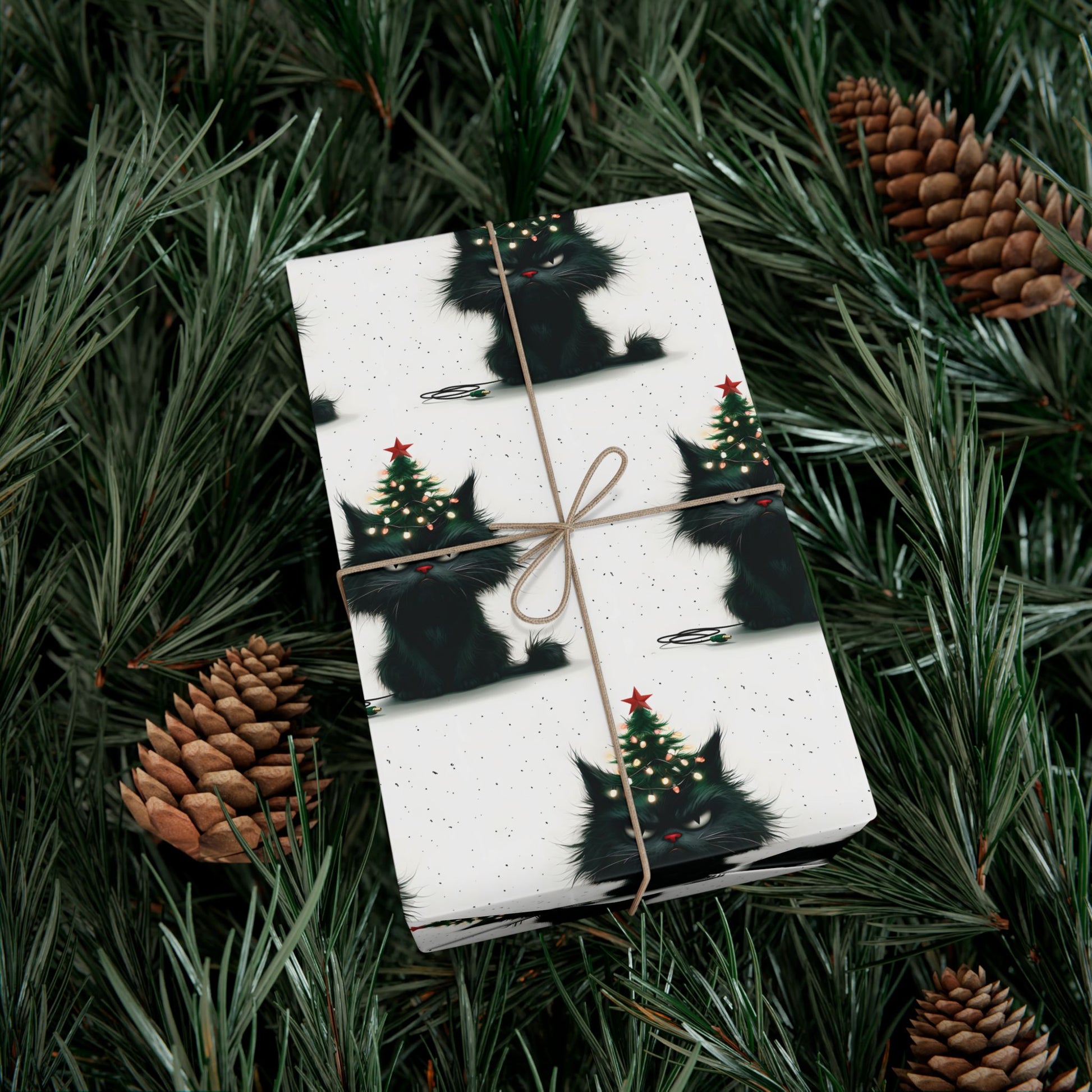 Vampyro Crimson Gift Wrap Paper — Christmas Black Cat with Tree Pattern | Holiday Wrapping Sheets