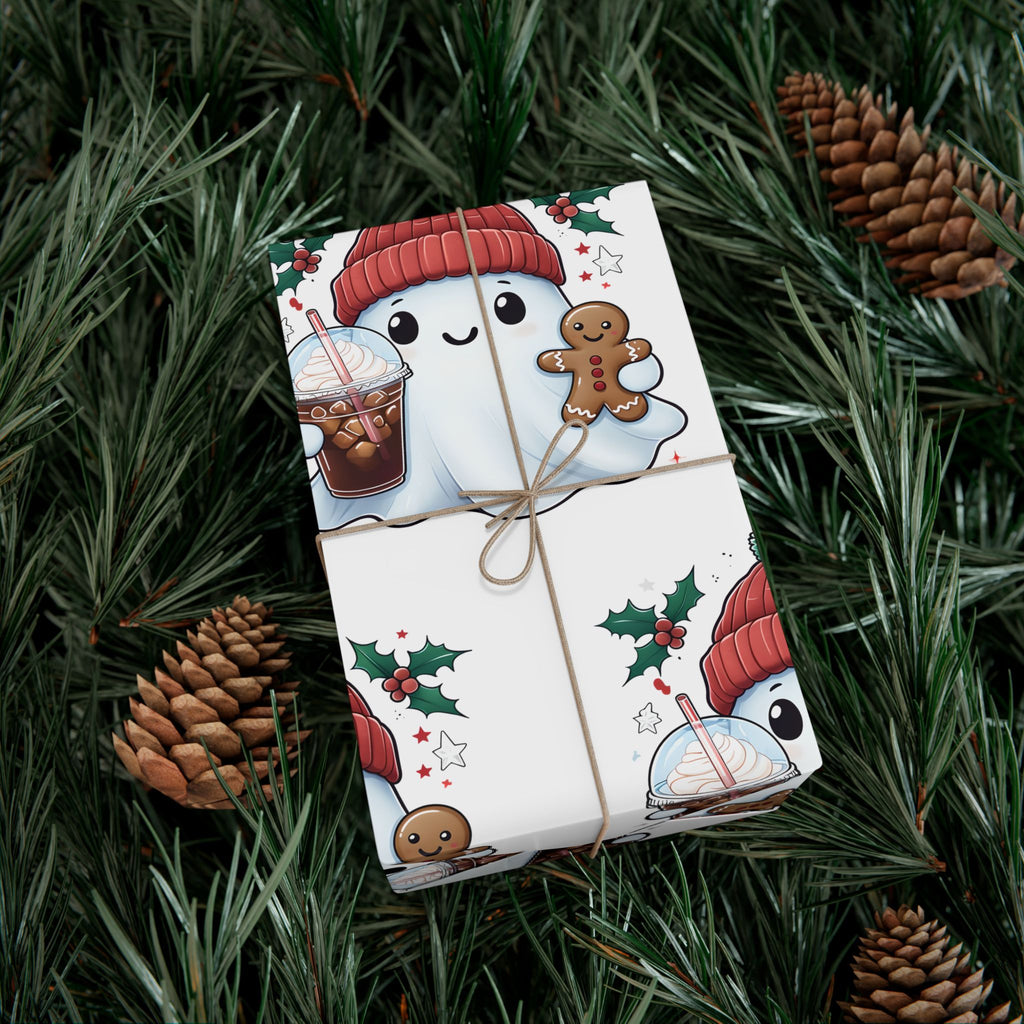 Vampyro Crimson Cute Christmas Ghost Gift Wrap Paper — Holiday Gingerbread & Cocoa Pattern