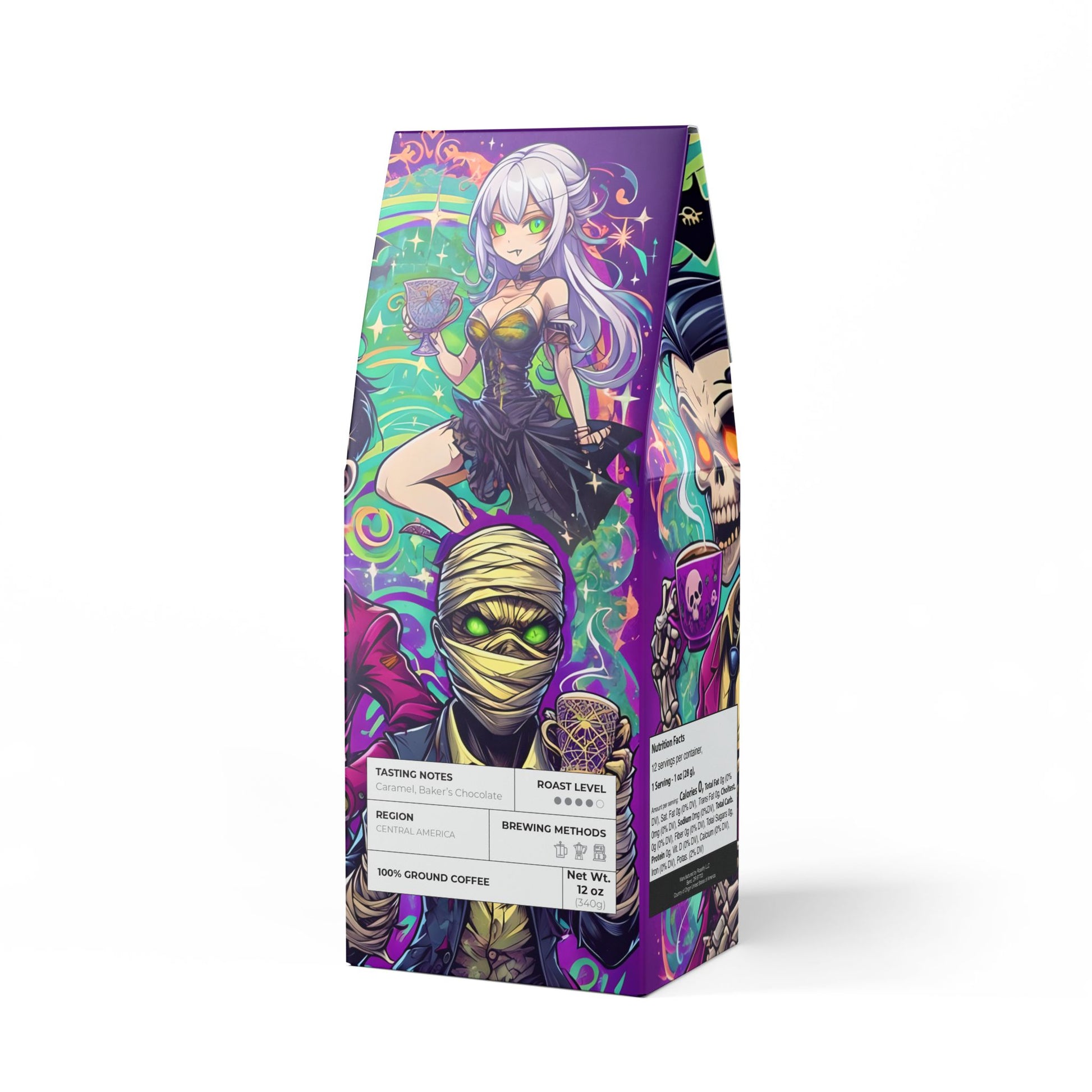 Vampyro Crimson Dead Awake (Medium-Dark Roast) Coffee Blend. Warning: May cause sudden night jogging, coffin remodeling, or texting in hieroglyphs.