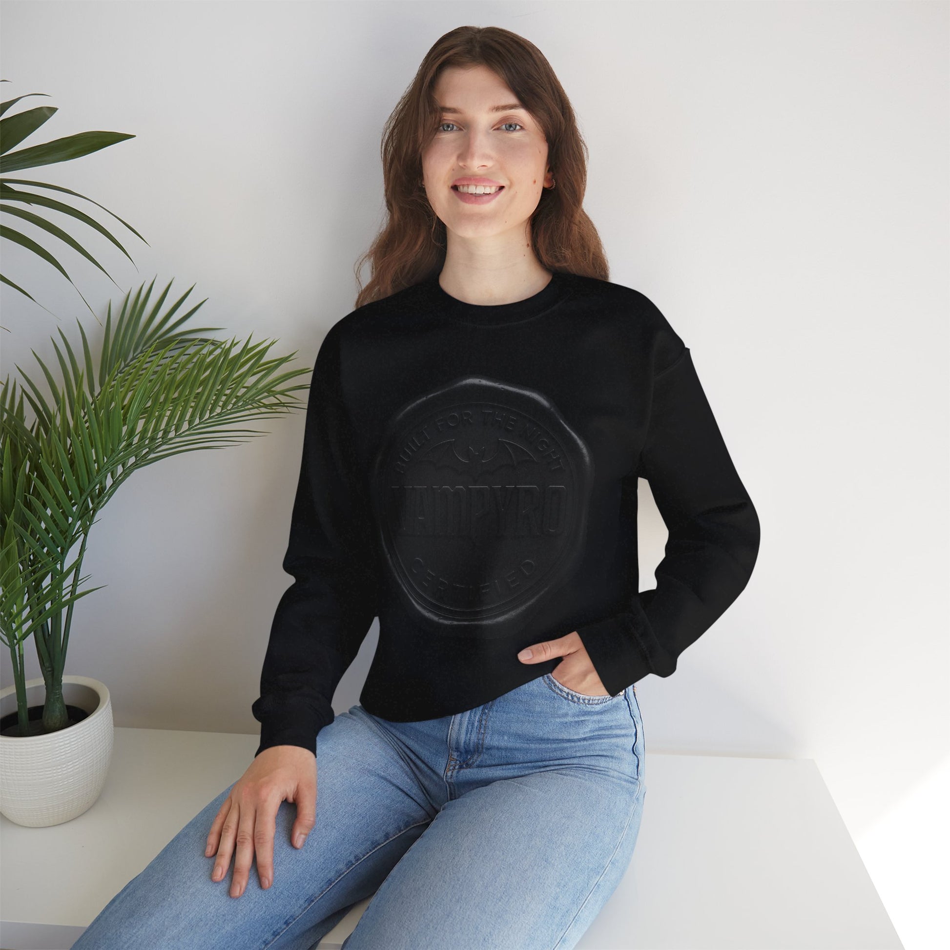 Vampyro Built for The Night Crewneck Sweatshirt — Embossed Vintage Wax Seal Design