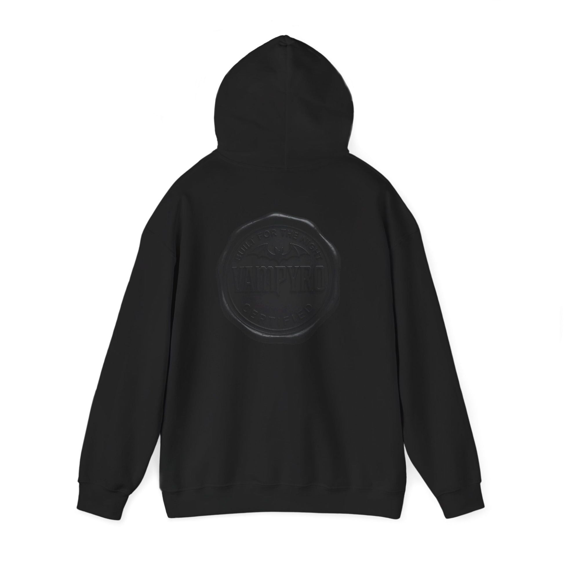 Vampyro Crimson Built for The Night Certified Hoodie — Minimal Black Wax Seal Graphic Back Logo