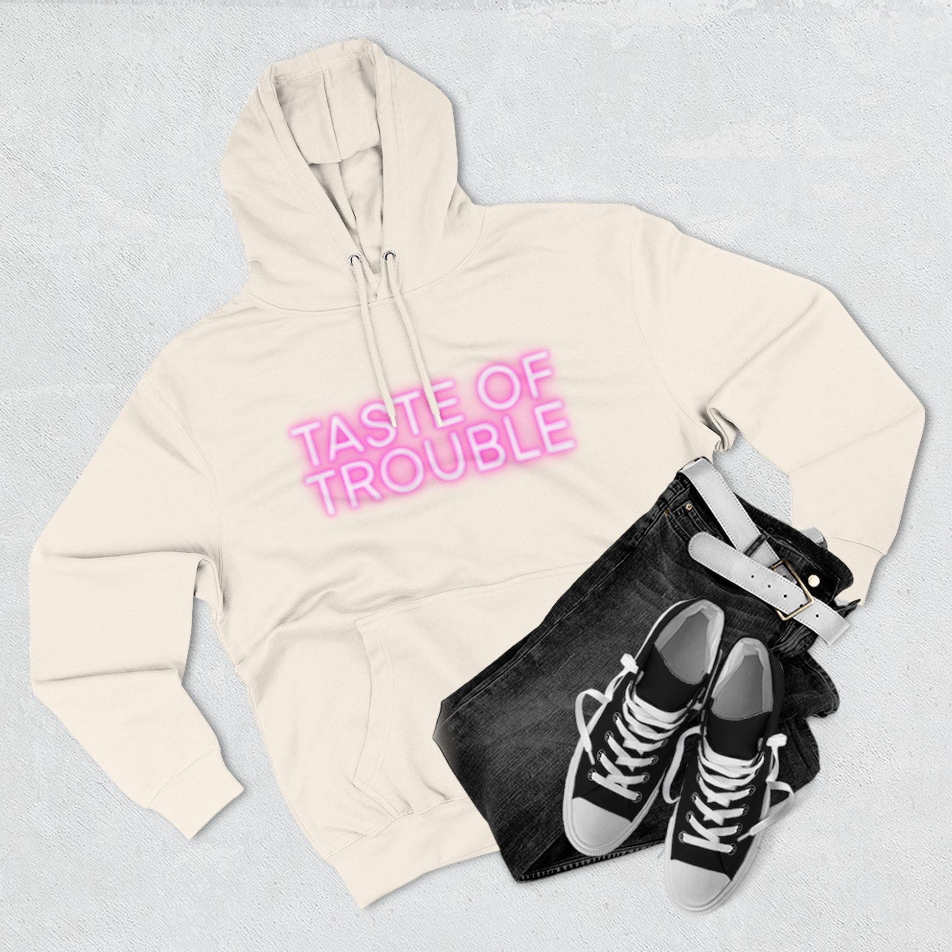 Taste of Trouble Hoodie - Trendy Three-Panel Fleece Pullover, Stylish Gift for Fashion Lovers, Cozy Casual Wear
