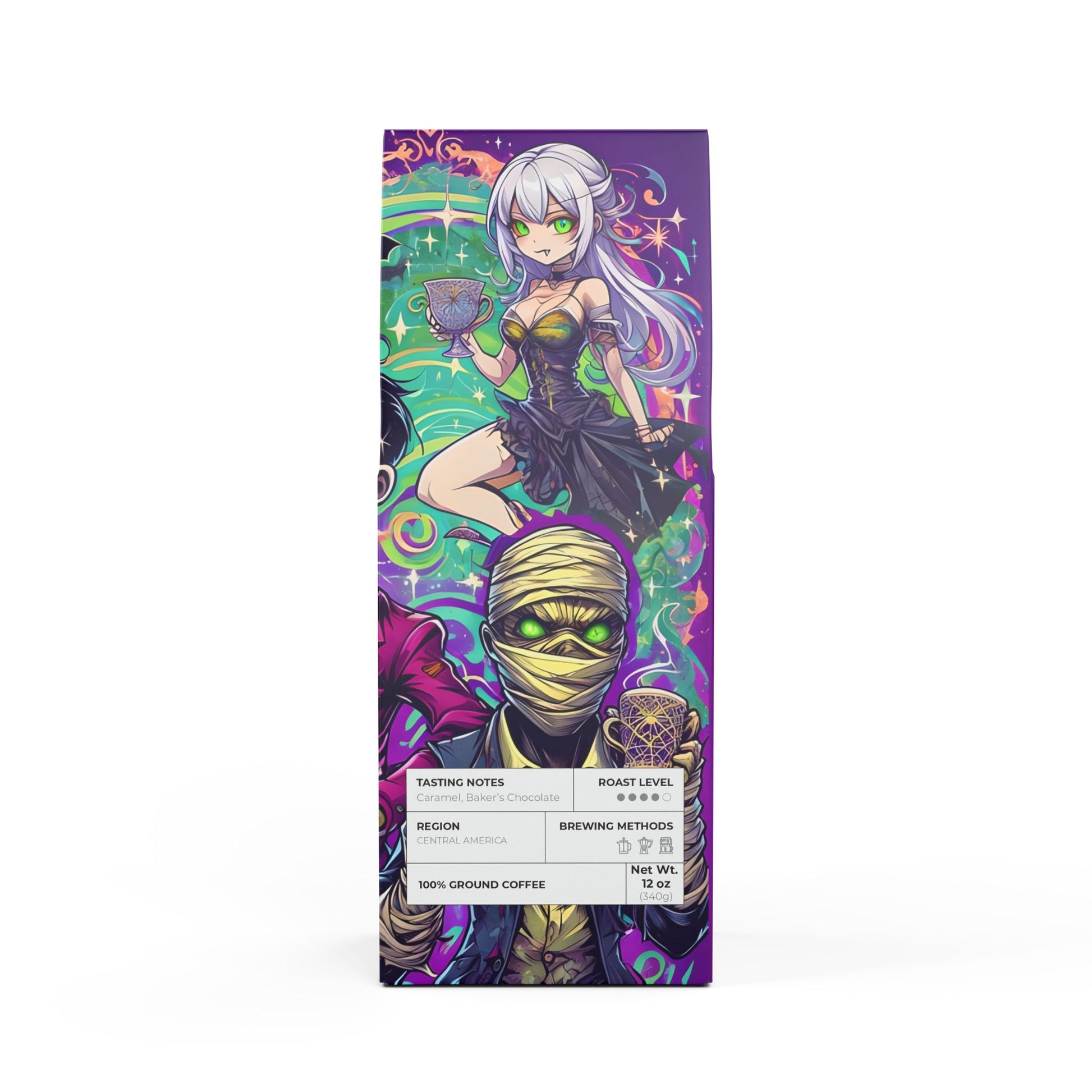 Vampyro Crimson Dead Awake (Medium-Dark Roast) Coffee Blend. Warning: May cause sudden night jogging, coffin remodeling, or texting in hieroglyphs.