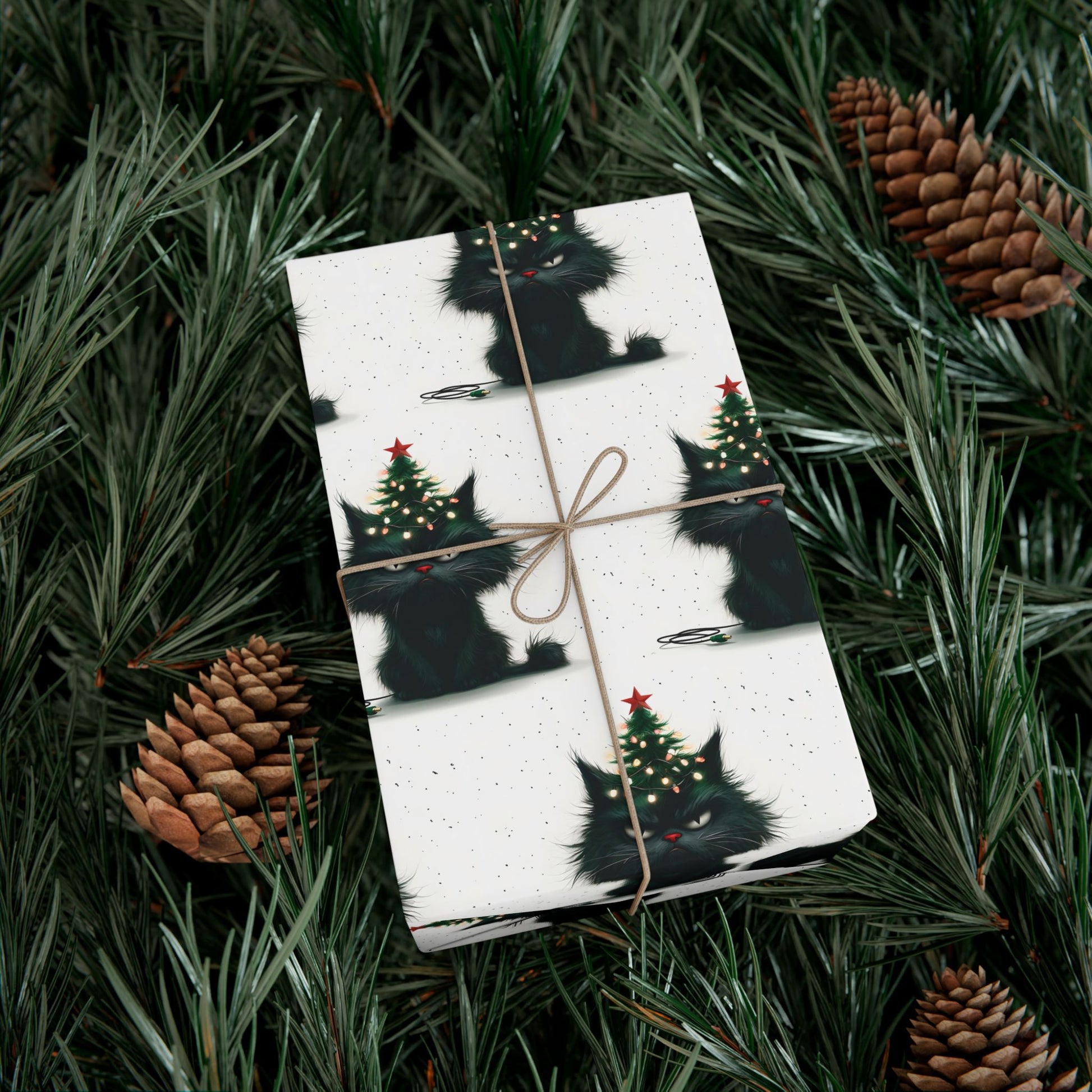 Vampyro Crimson Gift Wrap Paper — Christmas Black Cat with Tree Pattern | Holiday Wrapping Sheets