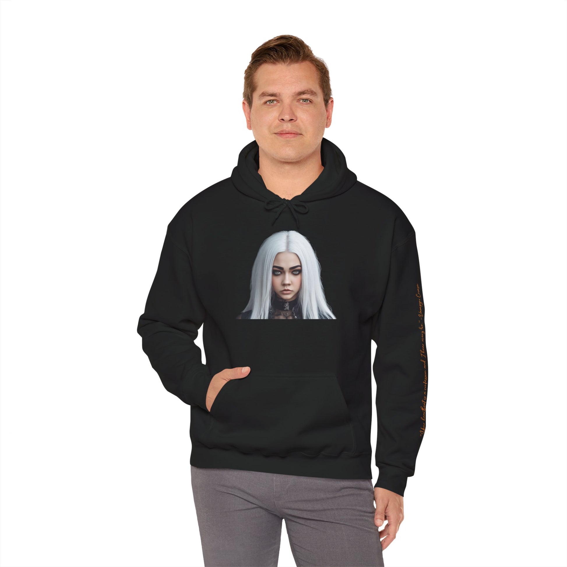 Vampyro Crimson Digitally Autographed Portrait Graphic Hoodie —  "Your heartbeat is a confession and I hear every lie." Vampyro Crimson