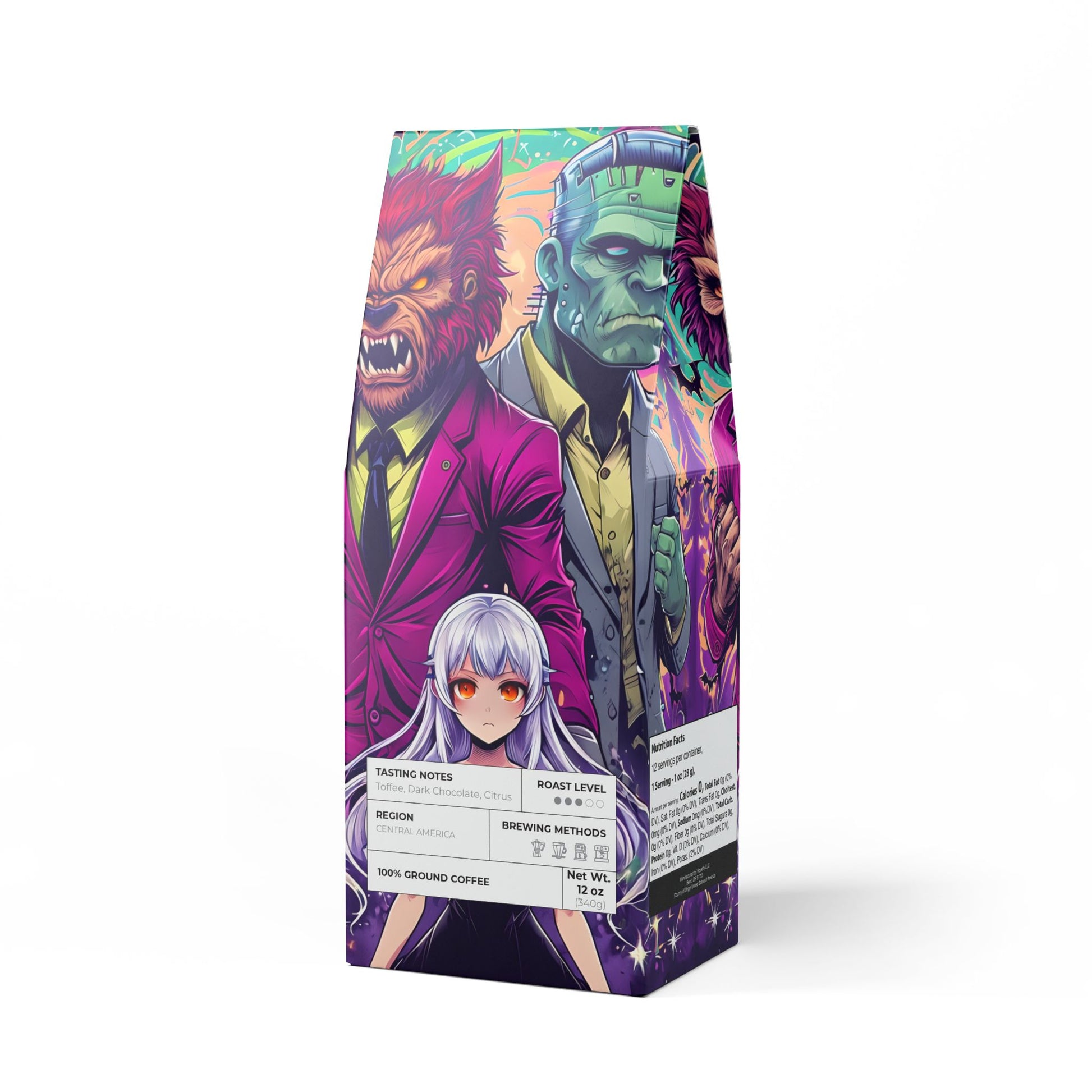 Vampyro Crimson Full Moon Voltage (Medium Roast) Coffee Blend. Warning: Drinking this blend may cause intense loyalty, howling at coworkers, spontaneous transformations and fighting over appliances.