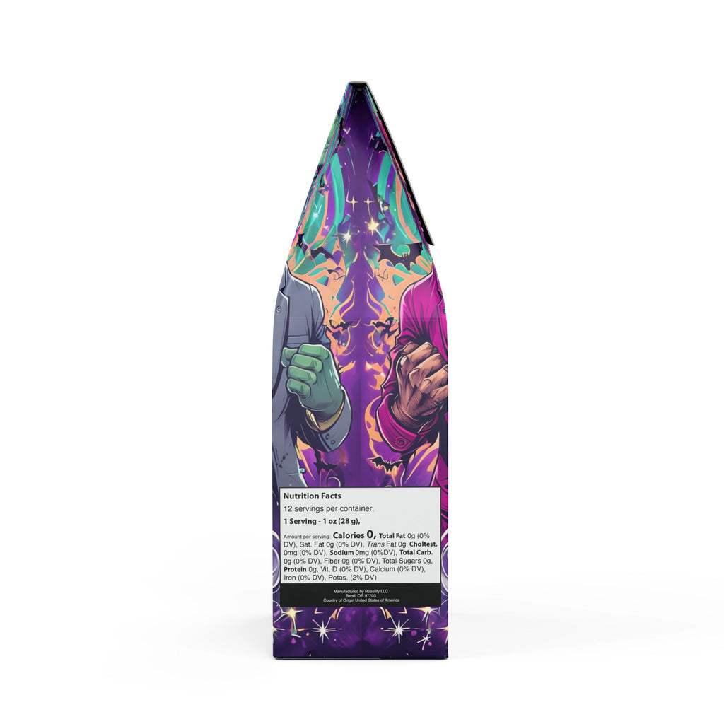 Vampyro Crimson Full Moon Voltage (Medium Roast) Coffee Blend. Warning: Drinking this blend may cause intense loyalty, howling at coworkers, spontaneous transformations and fighting over appliances.