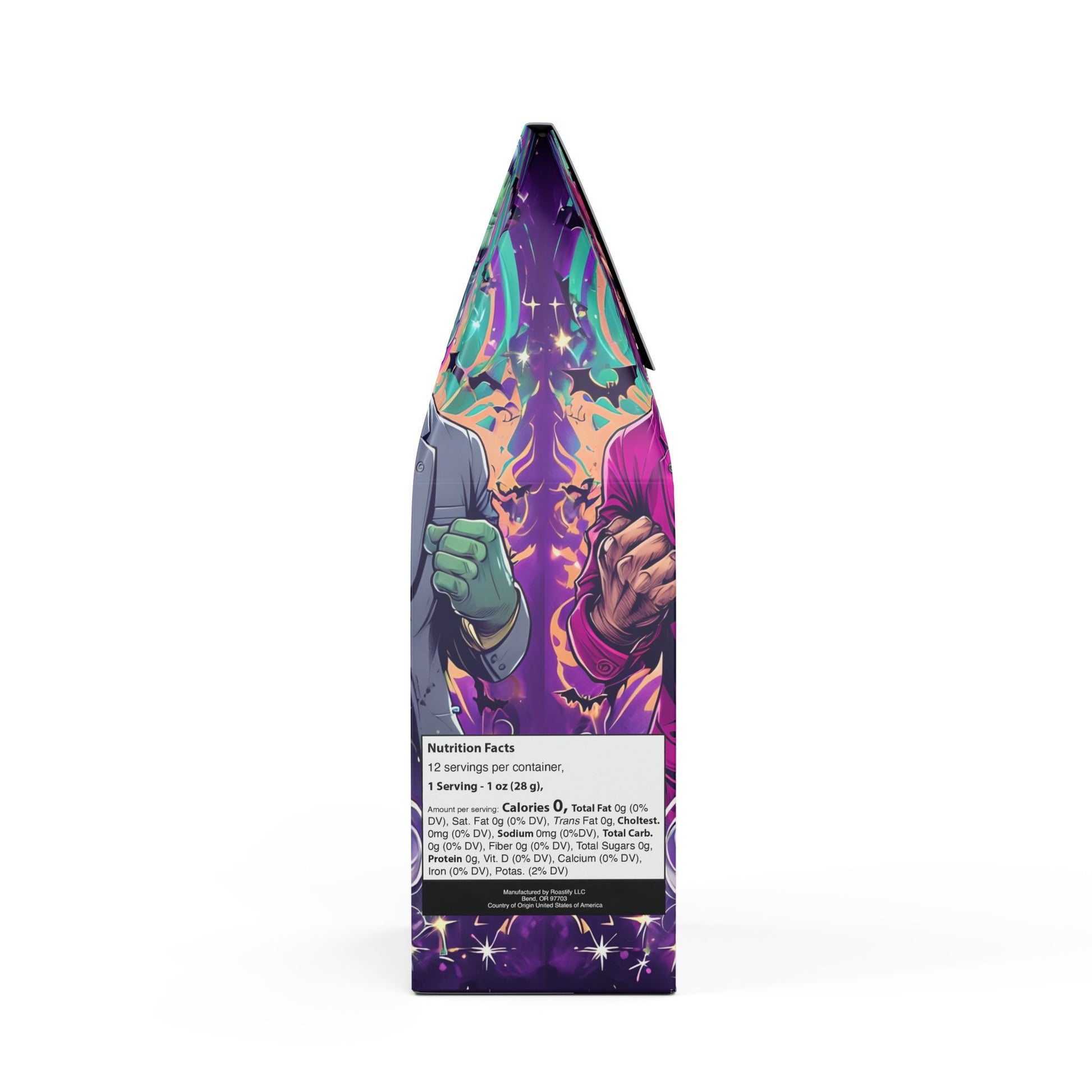 Vampyro Crimson Full Moon Voltage (Medium Roast) Coffee Blend. Warning: Drinking this blend may cause intense loyalty, howling at coworkers, spontaneous transformations and fighting over appliances.