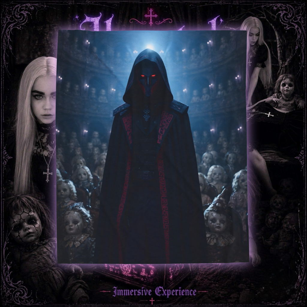 Gothic Hooded Puppeteer Official Haunted Music Box Velveteen Plush Blanket — Dark Haunted Theatre Design