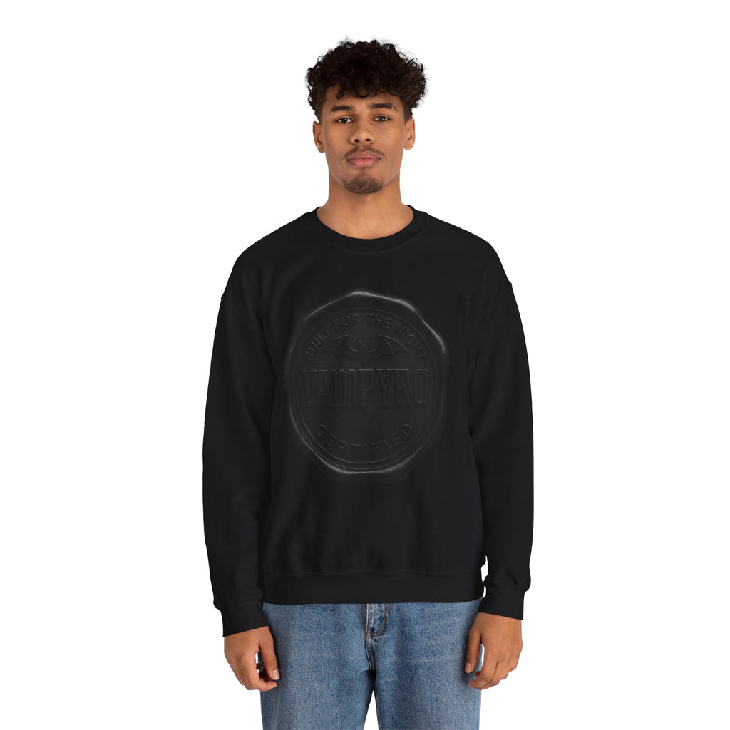 Vampyro Built for The Night Crewneck Sweatshirt — Embossed Vintage Wax Seal Design
