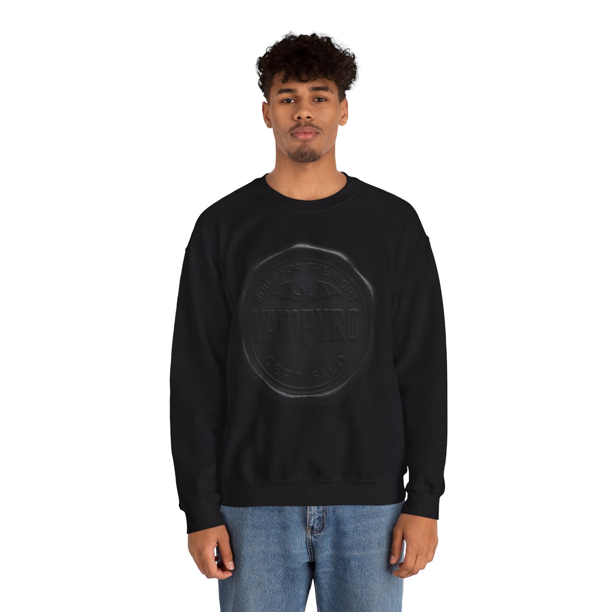 Vampyro Built for The Night Crewneck Sweatshirt — Embossed Vintage Wax Seal Design