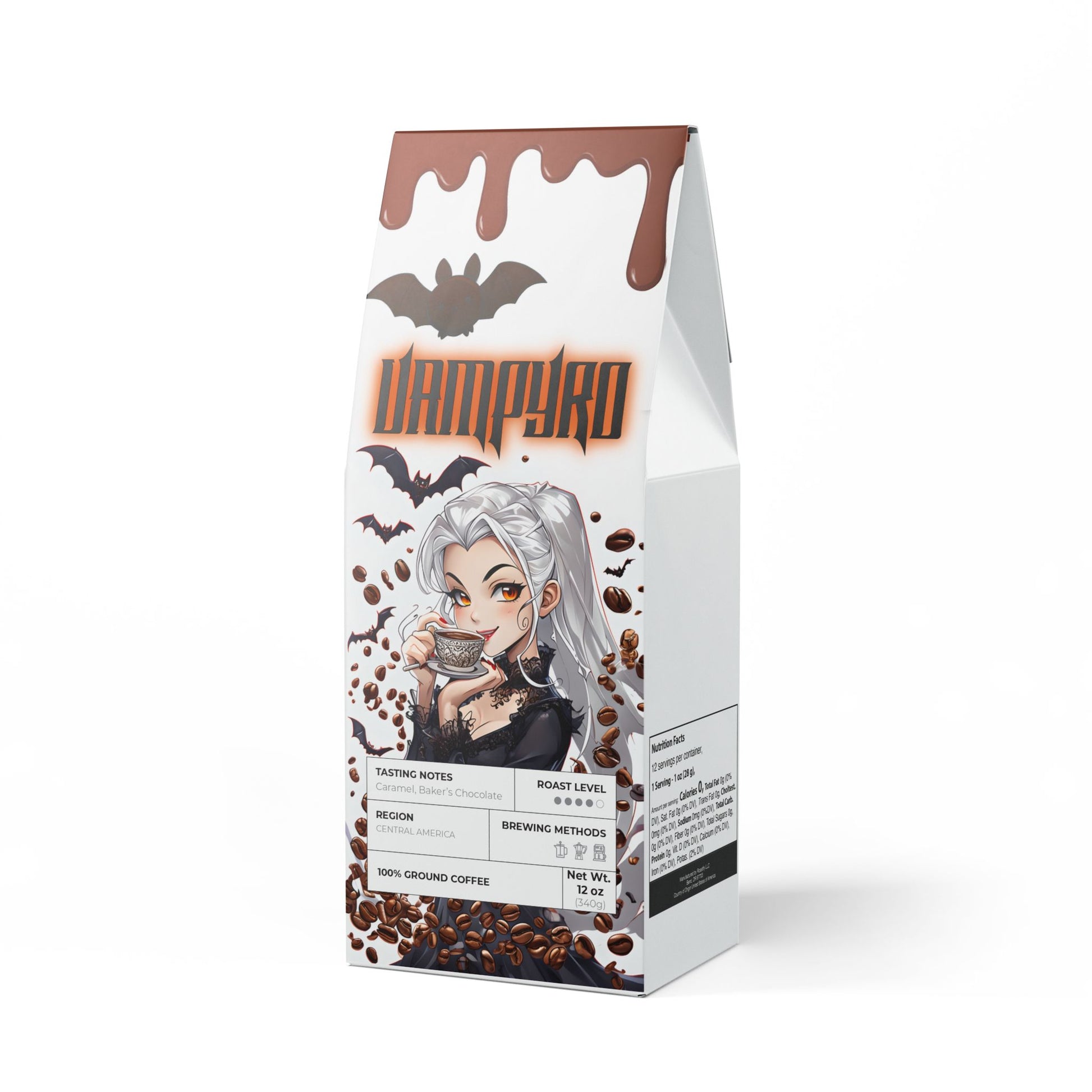 Vampyro Crimson Daylight Defense (Medium Roast) Coffee Blend. Warning: May cause sudden speed typing, mysterious charisma, and an irresistible urge to dominate the daylight.