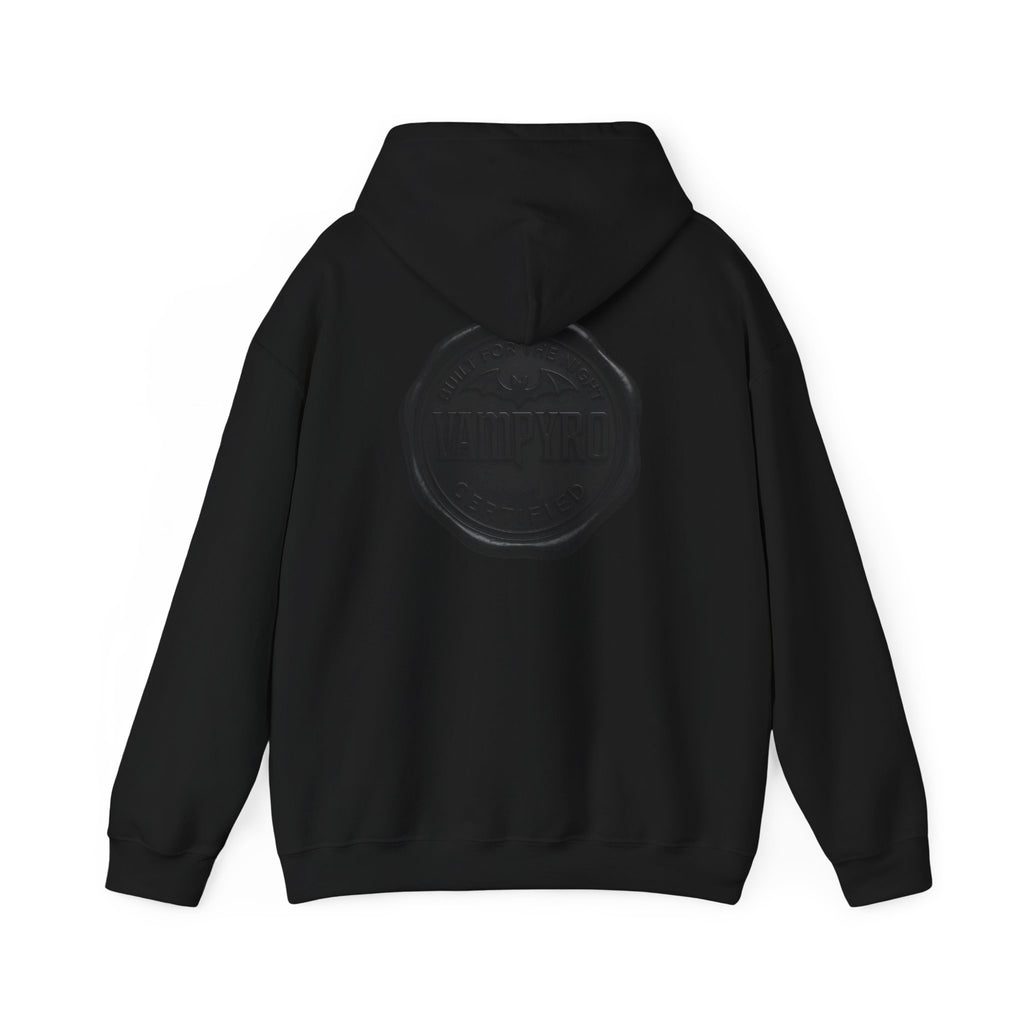 Vampyro Crimson Built for The Night Certified Hoodie — Minimal Black Wax Seal Graphic Back Logo