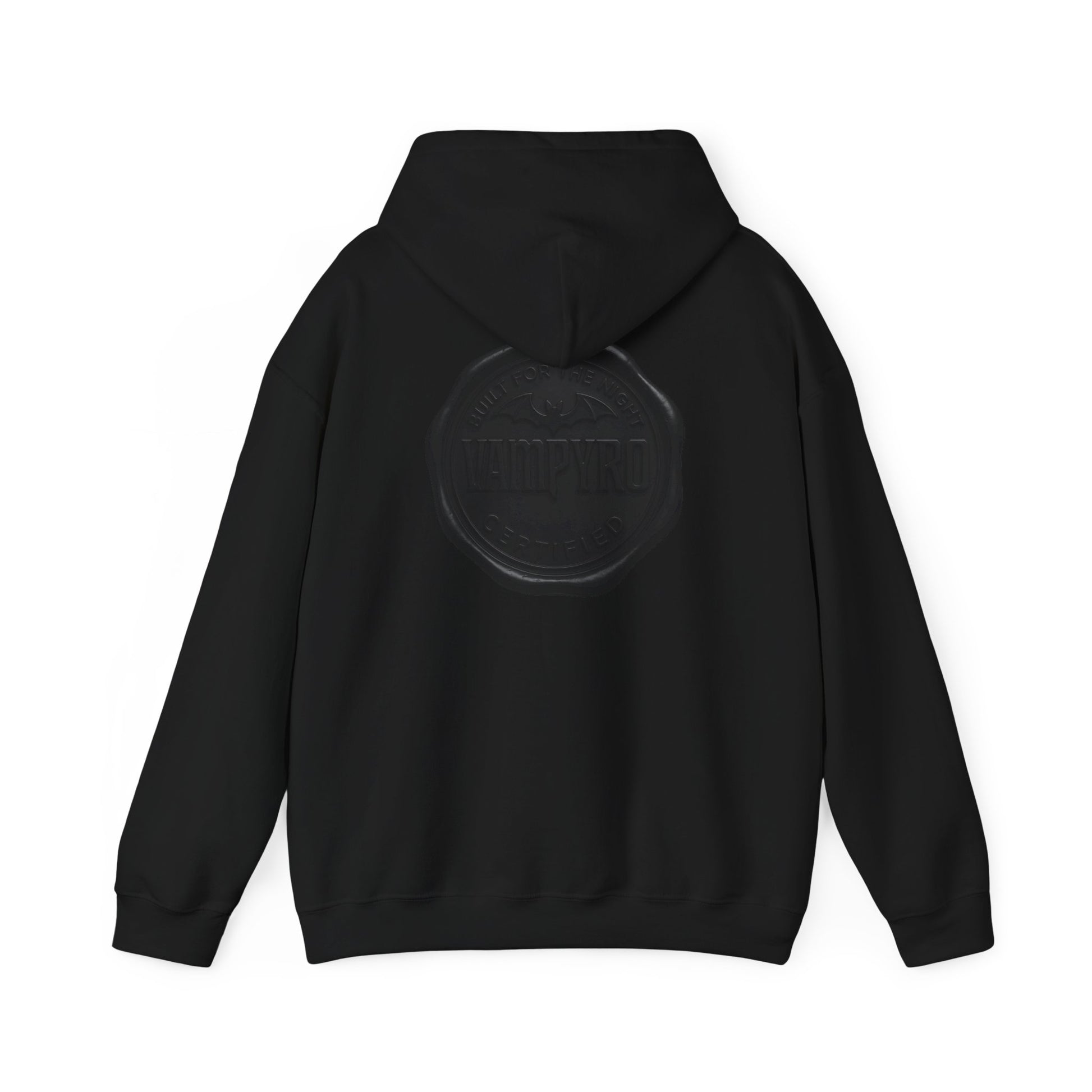 Vampyro Crimson Built for The Night Certified Hoodie — Minimal Black Wax Seal Graphic Back Logo