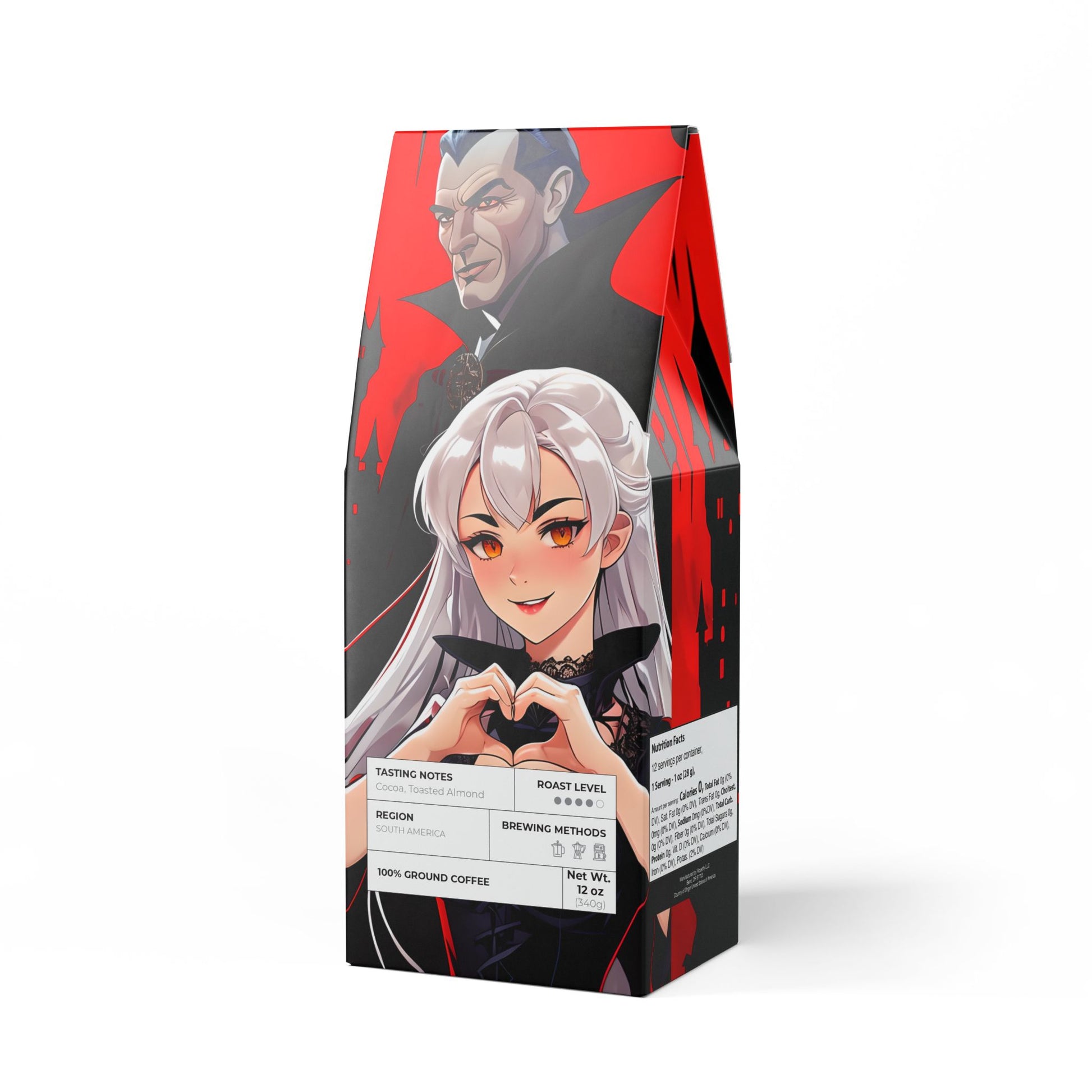 Vampyro Crimson Moonlit Summit Cascade (Medium-Dark Roast) Coffee Blend. Warning: May cause sudden disappearances, cravings for moonlit poetry, developing an aristocratic accent.