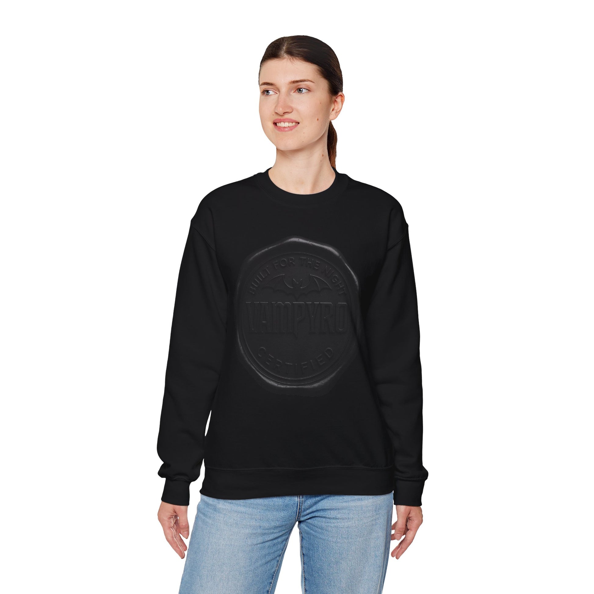 Vampyro Built for The Night Crewneck Sweatshirt — Embossed Vintage Wax Seal Design