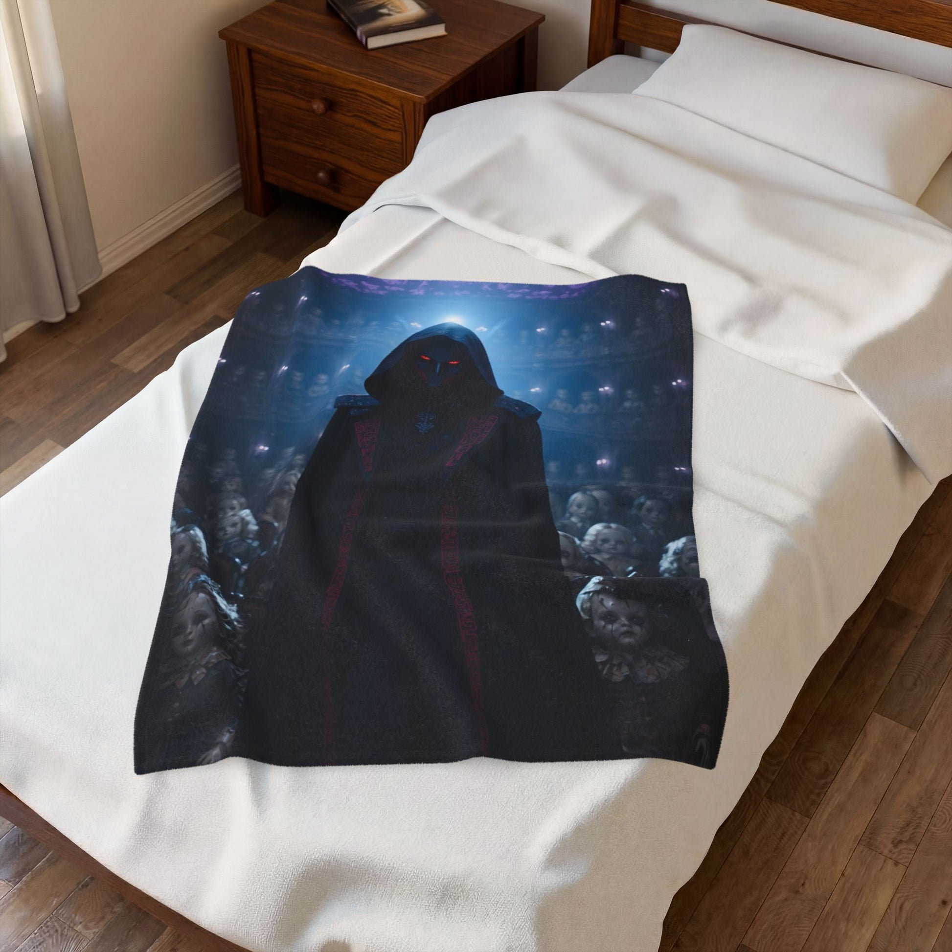 Gothic Hooded Puppeteer Official Haunted Music Box Velveteen Plush Blanket — Dark Haunted Theatre Design
