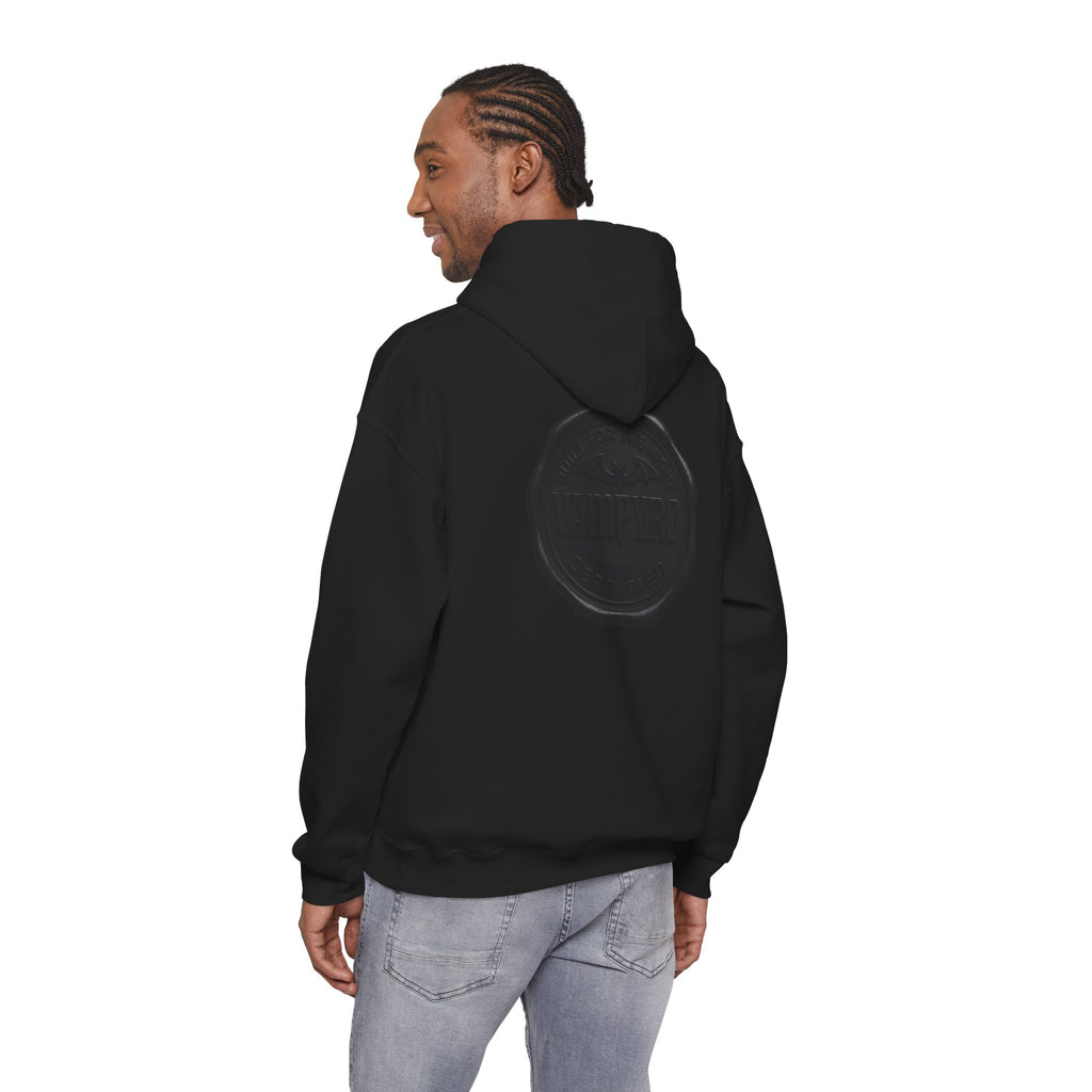 Vampyro Crimson Built for The Night Certified Hoodie — Minimal Black Wax Seal Graphic Back Logo