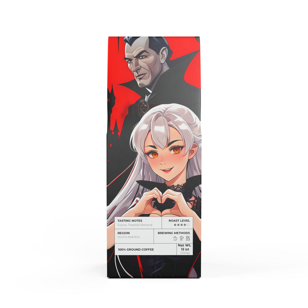 Vampyro Crimson Moonlit Summit Cascade (Medium-Dark Roast) Coffee Blend. Warning: May cause sudden disappearances, cravings for moonlit poetry, developing an aristocratic accent.
