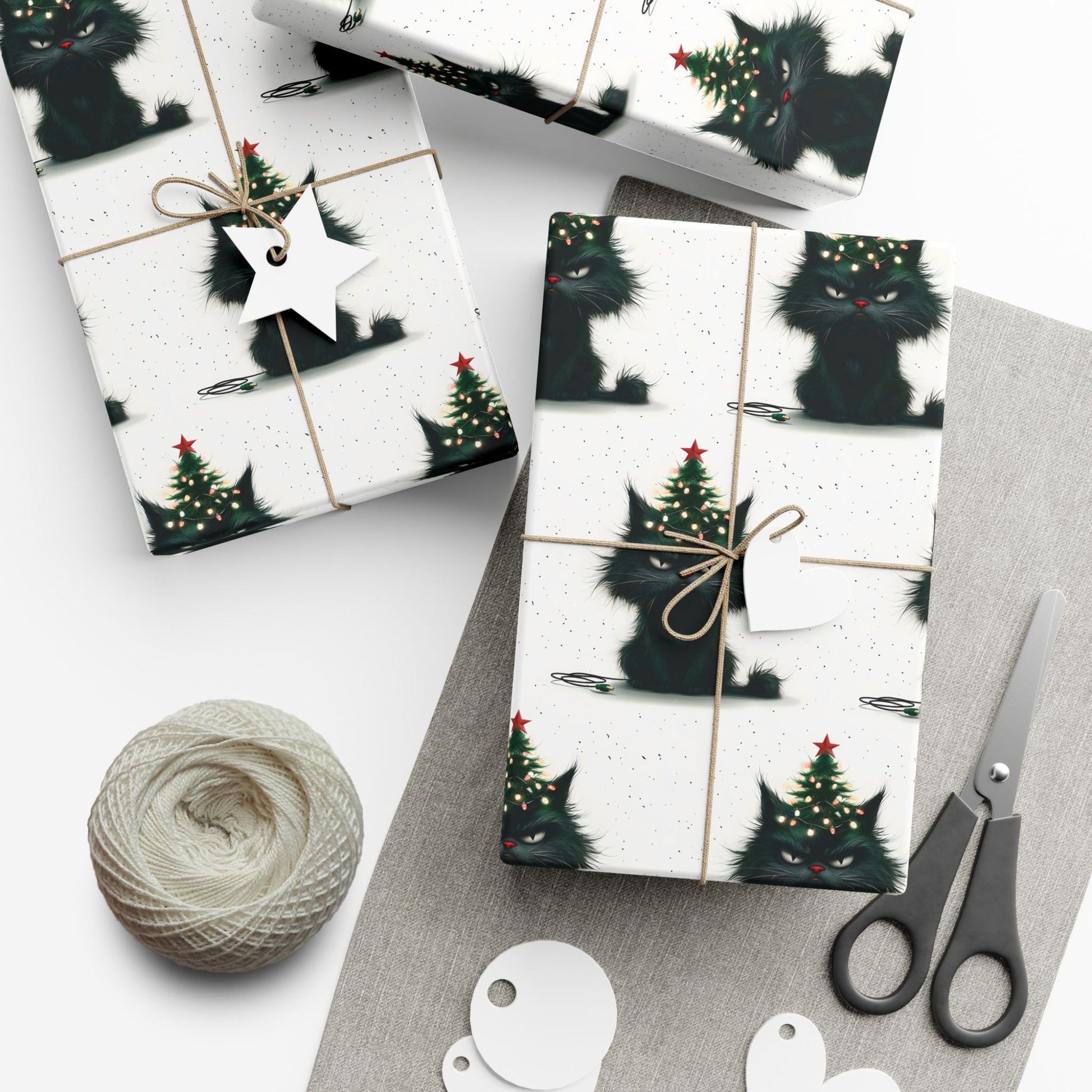 Vampyro Crimson Gift Wrap Paper — Christmas Black Cat with Tree Pattern | Holiday Wrapping Sheets