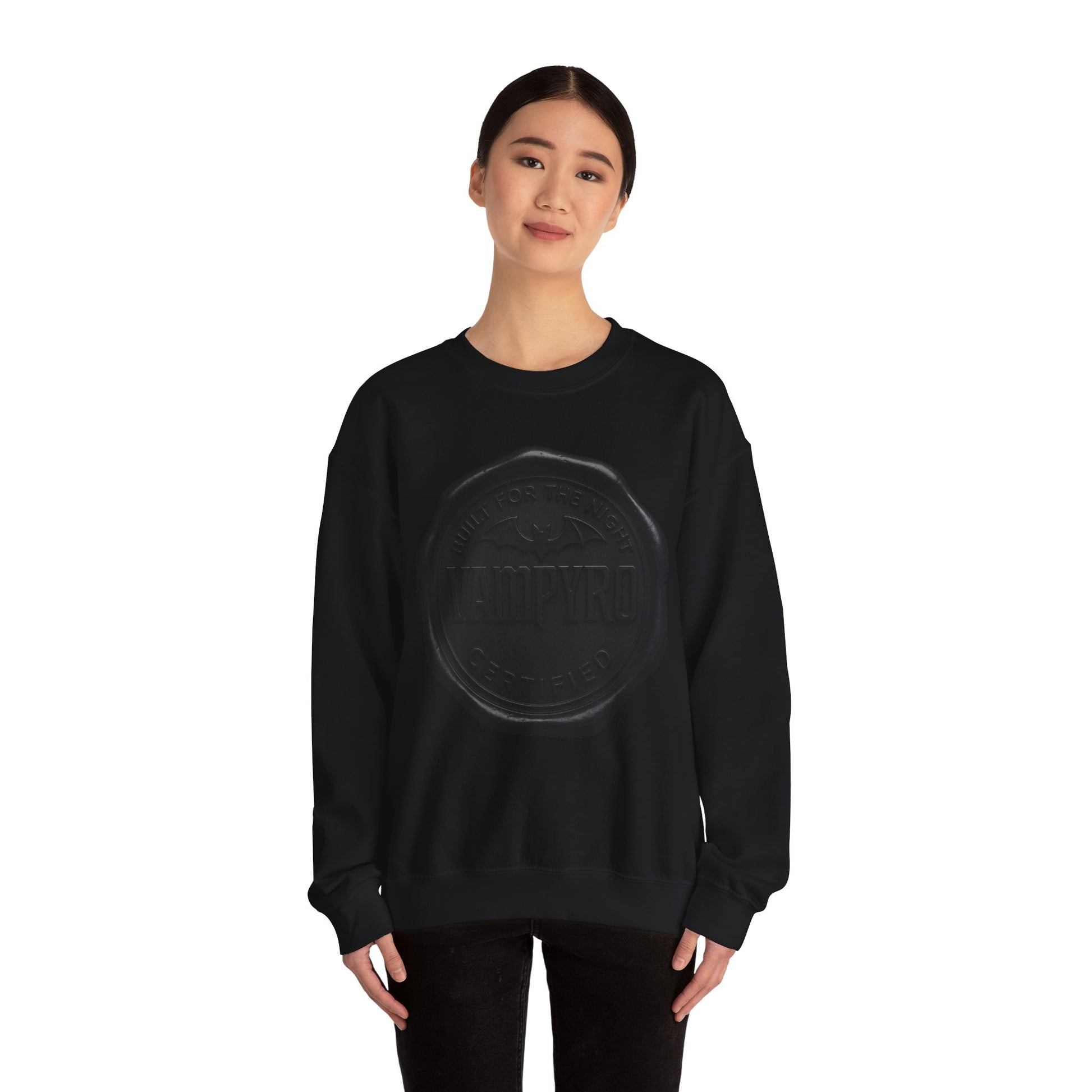 Vampyro Built for The Night Crewneck Sweatshirt — Embossed Vintage Wax Seal Design