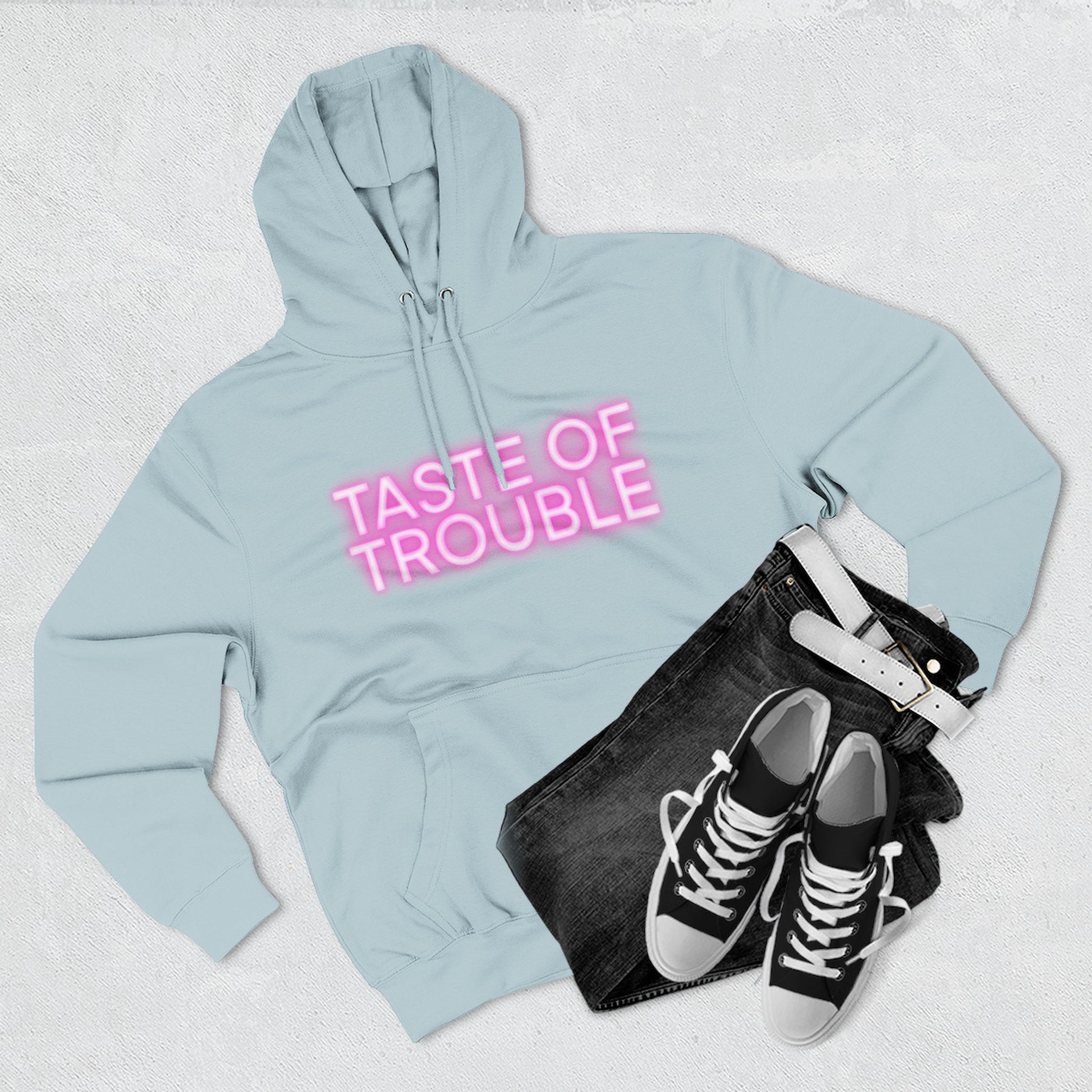 Taste of Trouble Hoodie - Trendy Three-Panel Fleece Pullover, Stylish Gift for Fashion Lovers, Cozy Casual Wear