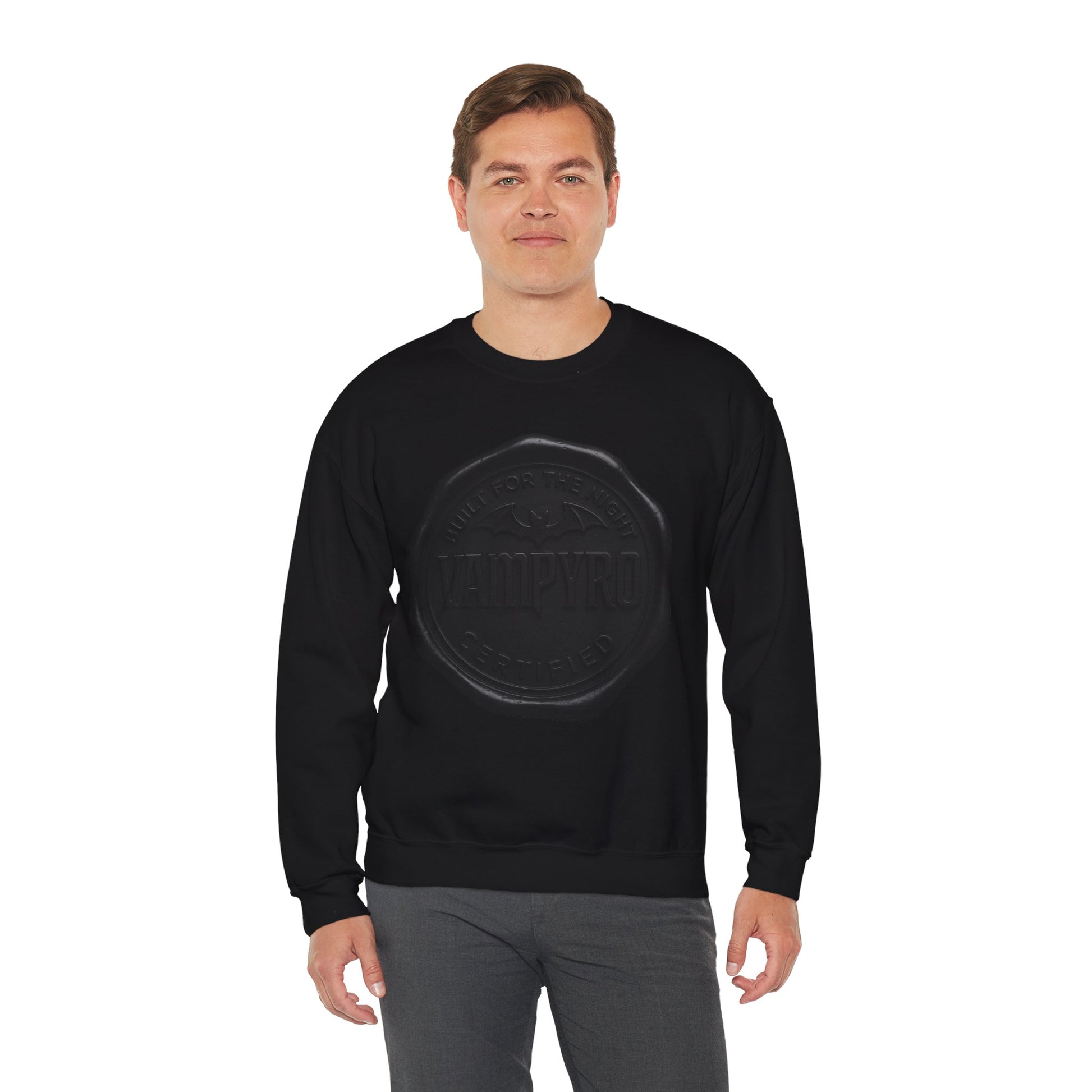 Vampyro Built for The Night Crewneck Sweatshirt — Embossed Vintage Wax Seal Design