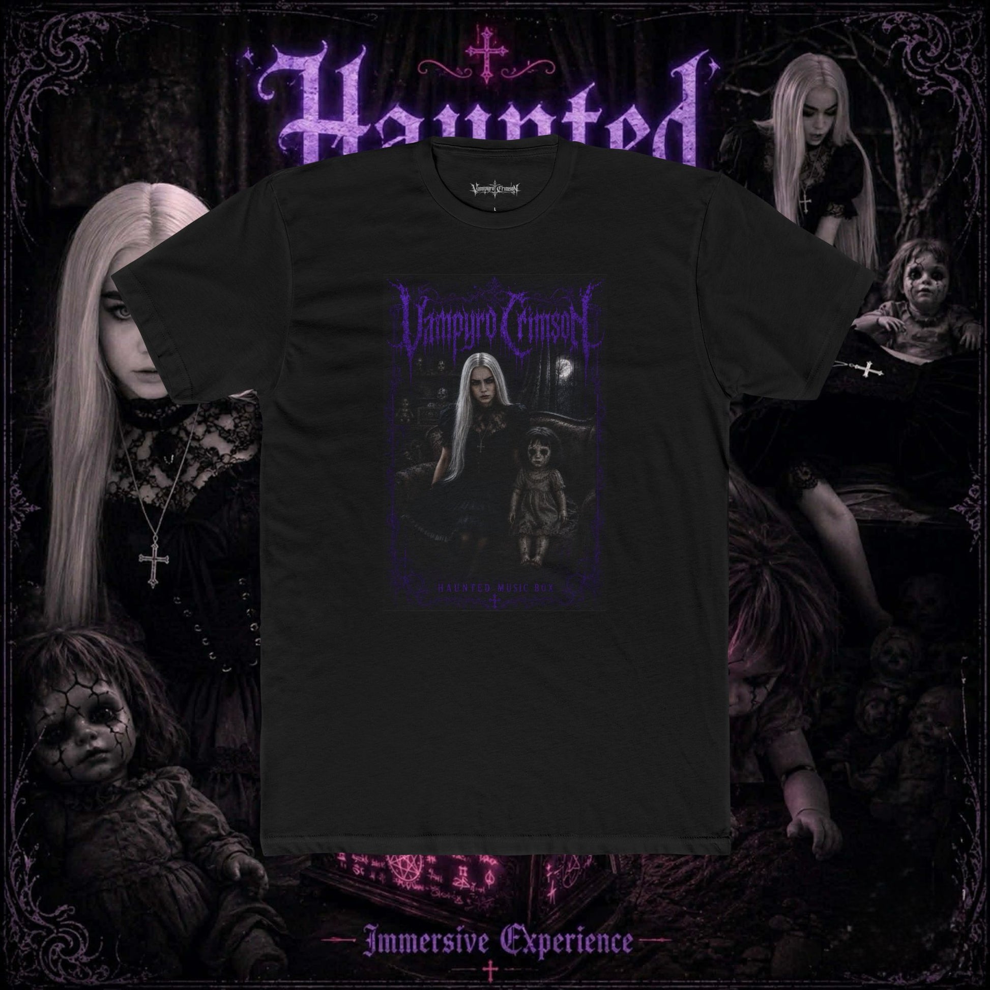 SIGNED CD + Exclusive Ultraviolet Vampyro Crimson Haunted Music Box Band Shirt
