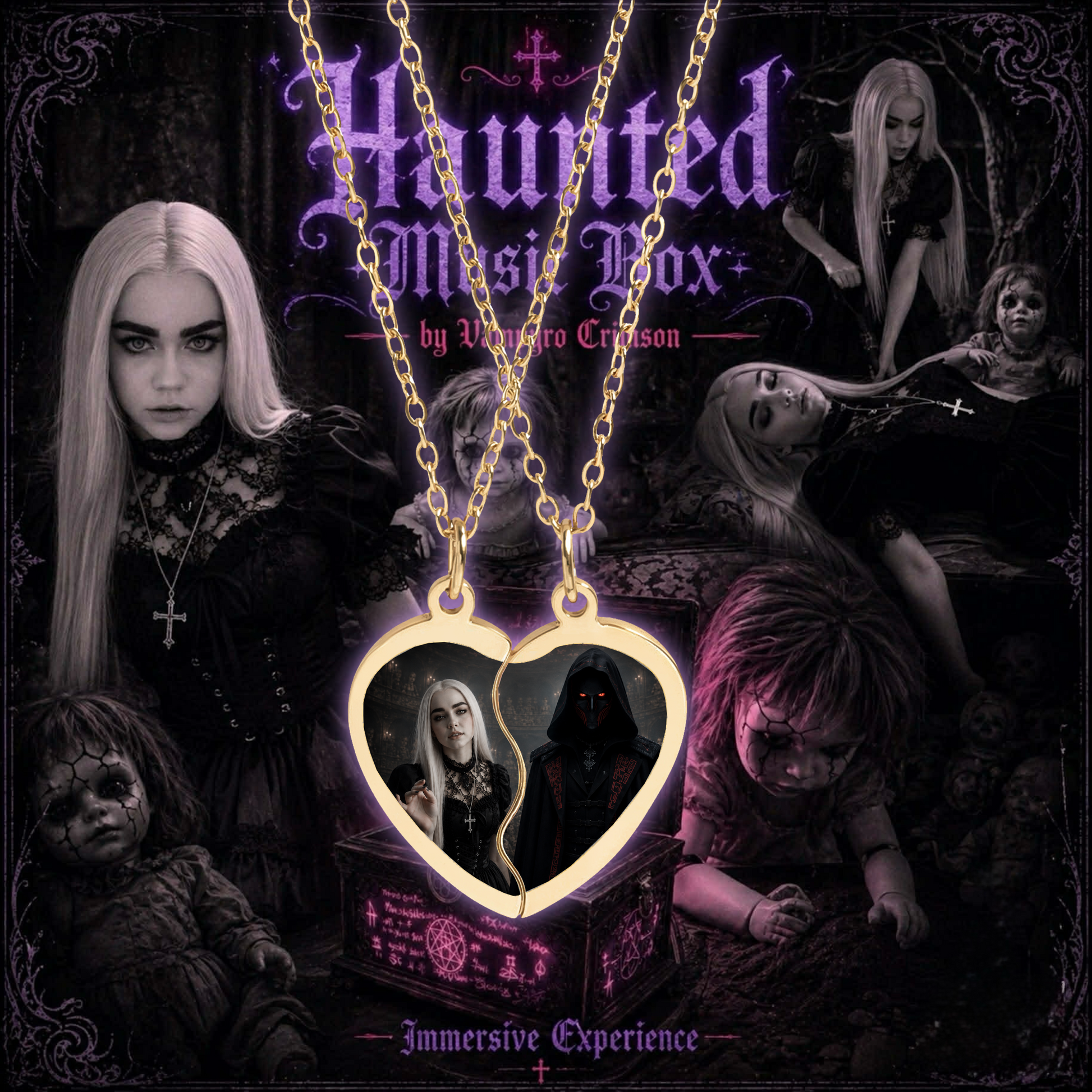 Haunted Music Box Collection Engravable Break Apart Heart Necklace Set